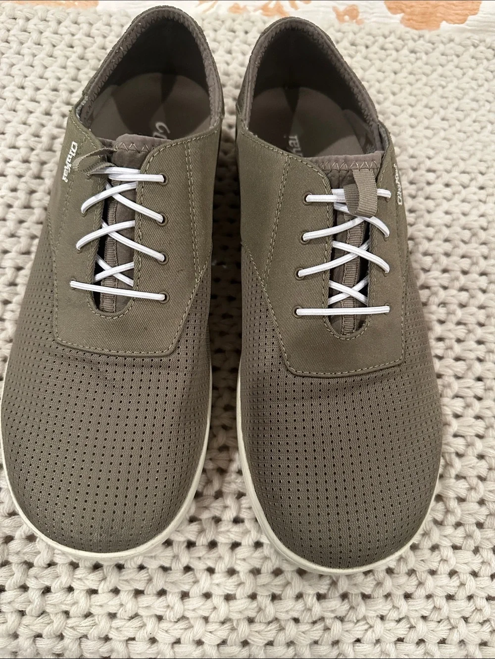 OluKai Men's Olive Perforated Canvas Boat Shoes with White Laces